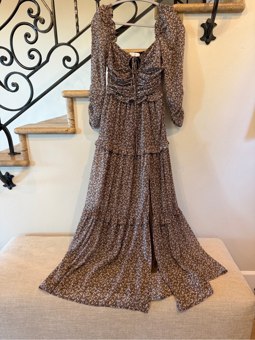 Astr Brown Floral Maxi Dress with Ruched Tie-Front and Puff Sleeves